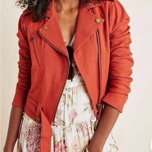 FRYE X Anthropologie dark burnt orange belted waist  Moto Utility Jacket sz Lg